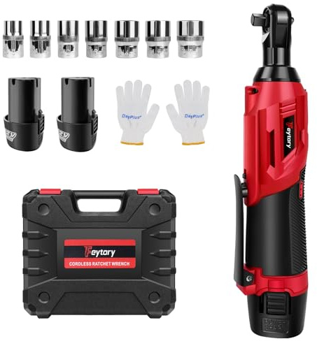 DayPlus 12V Elektrischer Ratschenschlüssel mit 2× 1.5Ah Akku, 40 Nm Akku Ratschenschlüssel 3/8 Sq Antrieb, 2300 RPM, Elektrische Ratschenschlüssel Set mit 7 Steckdosen, Tragetasche, Rot