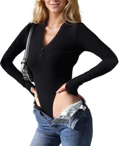 EMOTTOS Body Femme Manches Longues, V Neck Sexy Slim Fit Top High Stretch Soft Casual Leotard Body Suits, Elegant Ribbed One Piece Top Shirt, Noir/Gris, S-L
