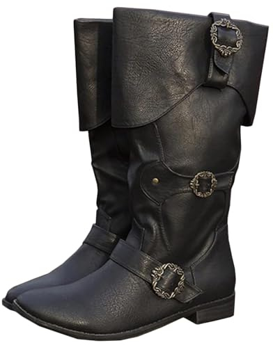 Mittelalterliche Ritterstiefel für Erwachsene Cosplay - Wikinger Retro Langschaft Leder Manschettenschuhe - PU Leder Stiefel Renaissance Plus Size Stiefel Schuhe mit Gürtelschnalle,Schwarz,42(48)