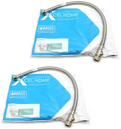 Xcel Home 2X 15mm x 1/2 (500mm) Flexible Pipe Connector | WRAS Approved | Braided Stainless Steel Hose Flexi Connectors for Kitchen Sink & Bathroom Basin Taps | Isolation Valve, Compression