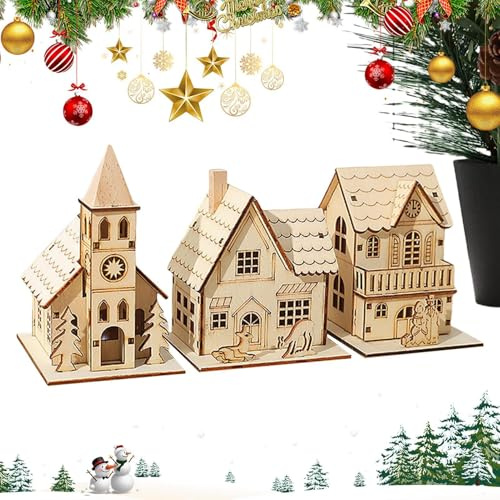 Fnaekier 3PCS Wooden Glow Cabin, LED Houses, Small Wooden Houses Crafts, Snow House Christmas Tree Decoration Gi-ft Window Display