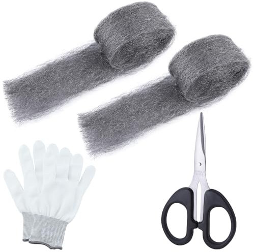 GOLD DEER 2 Packs Steel Wool Mice Control 2.75 x9.84Ft Gap Fill Fabric Hole Filler with Gloves & Scissors Wall Cracks Gap Blocker Protect Against Animals in Holes, Pipeline, Vents for House, Garage