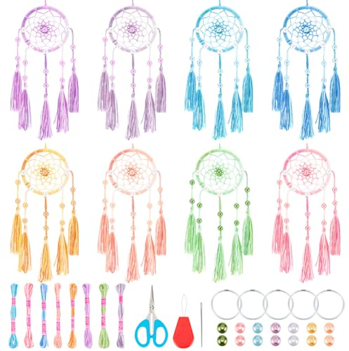 INFUNLY 8 Sets Farbverlauf, Garn, kleines Traumfänger-Set, DIY, Mini-Traumfänger-Bastelset mit Anleitung (evtl. nicht in deutscher Sprache), handgefertigter Traumfänger, Hängeornament für Tasche