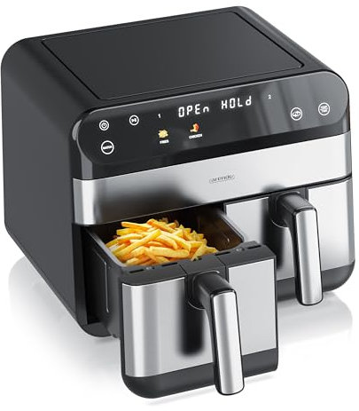 Arendo - Heißluftfritteuse 9L mit 2 Kammern - XXL Kapazität 2 Fächer – Airfryer Backofen - 8 Programme – Touchscreen - 3D Umluftsystem - Antihaftbeschichtung - spülmaschinenfeste Körbe