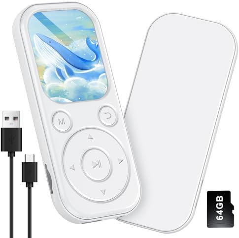 Gueray MP3 Player Bluetooth mit 64GB MP3 Players für hörbücher geeignet Unterstützt FM-Radio Rekorder Alarm Video E-Book Bilder TF-Karte bis zu 128GB Weiß