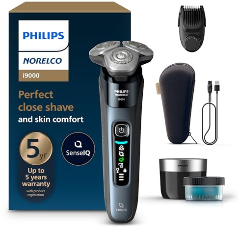 Philips Norelco Shaver i9000, Wet & Dry Electric Shaver, Taubenblau, SenseIQ Technology, Triple Lift & Cut System, 360 Rotating Dual SteelPrecision Precision Blades, Beard Styler, Model X9001/91
