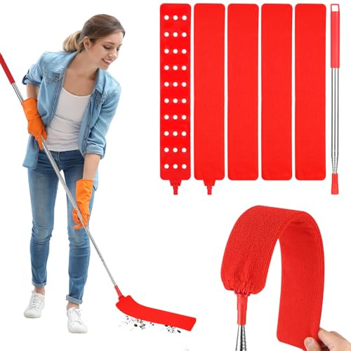 Bixury Nettoyeur de PoussièRe RéTractable Gap Plumeau Télescopique Plumeau Microfibre Telescopique avec 4 Chiffons De Nettoyage Remplaçables pour Nettoyer Le Lit Le Canapé Cuisine Les Coins (Rouge)