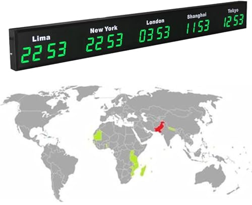 Large Digital LED World Clock, 3/4/5 Time Zone Wall Mounted City Time Zone World Clock, Hotel, Multinational Corporation,Green-5City