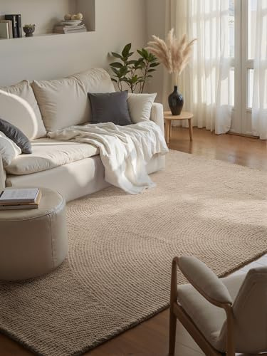 Hanse Home Wollteppich Calmio - Natur Wohnzimmerteppich - Handgetuftet - Hygge Skandi, Boho Teppich Wolle für Wohnzimmer, Schlafzimmer, Esszimmer, Flur - Hellbeige, 80x150cm