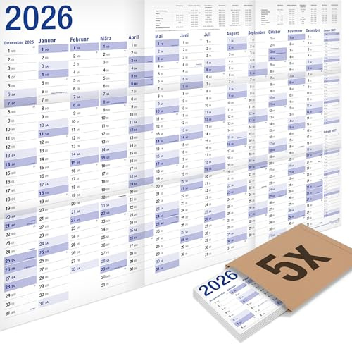 5er-Pack: Yohmoe® XXL Wandkalender 2026 groß (98 x 68 cm) GEFALZT in Poster Größe. Querformat, gefaltet - Kalender 2026 Wandkalender