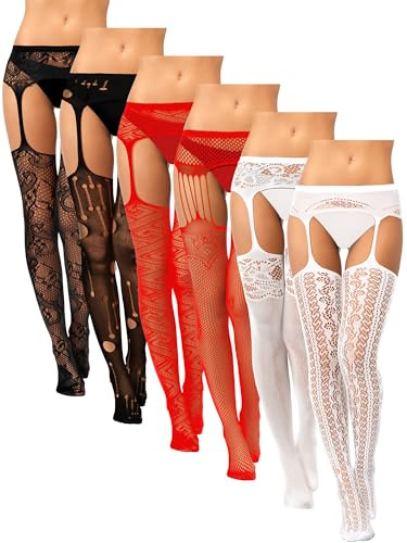 Geyoga 6 Pairs Garter Stockings for Women Fishnet Tights Lace Thigh High Stockings Suspender Pantyhose Lingerie for Women(Black, White, Red,Medium)