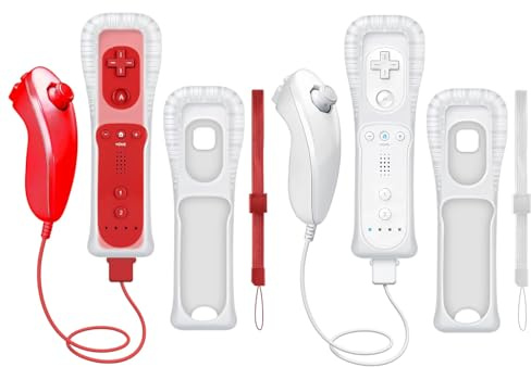 CLVIZCXOM 2 Sets Remote Fit for Wii/Wii U with MotionPlus (Red & White) | 2 Remotes + 2 Nunchuks + 2 Cases + 2 Straps, Compatible with Nintendo Console