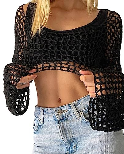 Femmes Bikinis Pullover Crop Top Hollow-Out Crochet Manches Longues Mesh Beachwear Down Sleep Maillots de bain, Noir , S