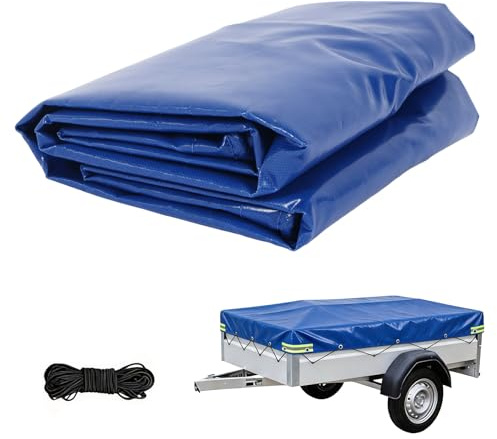 Anhängerplane nach Maß 140x115x10 cm - Extra Stark 500g/m² PVC LKW-Plane - Wasserdicht & Reißfest - Blau - Mit 4X Reflektorstreifen, Alu-Ösen & 6mm Expanderseil - Profi Abdeckplane für PKW Anhänger