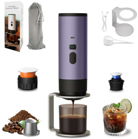 Generico Macchina Caffe Portatile 3-in-1, Macchina da Caffè Espresso con Display LED e Serbatoio 90ml per Campeggio/Ufficio/Auto, Autoriscaldante, Compatibile Caffè Macinato/Capsule Espresso (Viola)