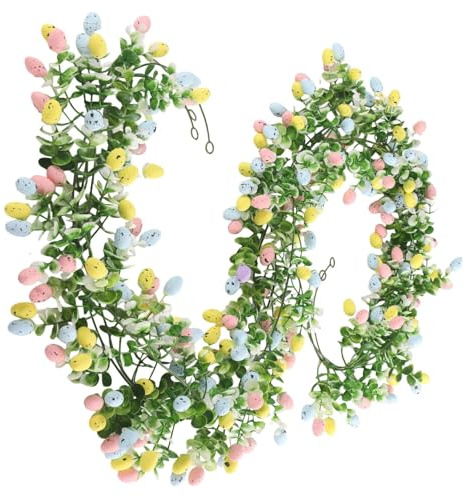 Ruhnjyg Ghirlanda Pasquale, 2 ghirlande di Uova di Pasqua da 2,1 m, Ornamento per Le Vacanze, Decorazione da Parete Artificiale Multicolore da Appendere, Ghirlanda Pasquale con Fiori di Vite, per