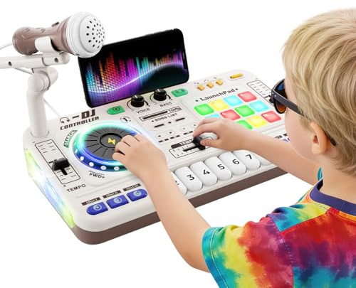 DJ Pult Kinder, DJ Controller, DJ Mischpult Kinder, DJ Mixer mit Aufnahmefunktion, Mikrofon, 100+ Soundeffekten, realistisches DJ Turntable & Drum Pads, Geschenk für Jungen Mädchen 3-12 Jahre, Weiß