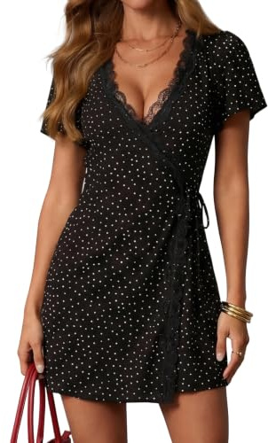 Fengbay Mini Polka Dot Dress for Women Lace Trim V Neck Summer Dresses | Adjustable Belt, Short sleeve A-line,Soft Stretch Fabric, Retro Polka Dot For Daily Party Holiday
