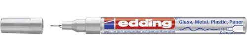 edding 780 glansmarkör – silver – 1 färgmarkör – extra fin rund spets 0,8 mm – färgpenna för glas, småsten, trä, plast, papper – vattentät, hög täckning
