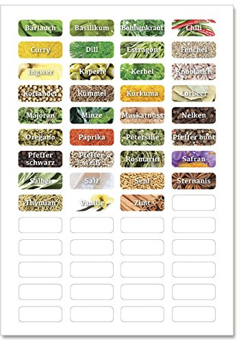 WANDKINGS Gewürzetiketten 4 cm breit - 48 Stück rechteckige Gewürzaufkleber - Etiketten/Sticker/Aufkleber für Gewürze selbstklebend auf 1 DIN A4 Bogen - Schrift 2