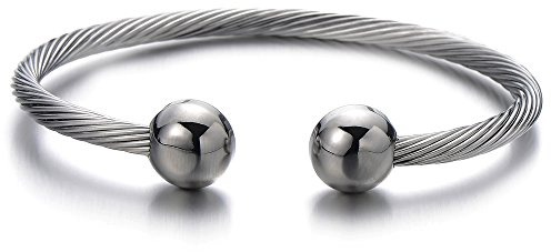 COOLSTEELANDBEYOND Elástica Ajustable Magnetico, Terapia Pulsera de Hombre, Acero Inoxidable, Cable de Acero, Color de Plata, Espejo Pulido
