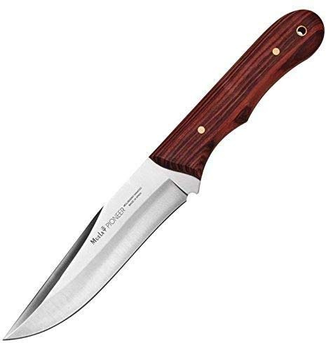 Muela Cuchillo PIONEER-14NL hoja de acero ACX-380 de 14 cm y empuñadura de madera palovioleta para Caza, Pesca, Supervivencia y Bushcraft Realizado en Ciudad Real + Portabotellas de regalo