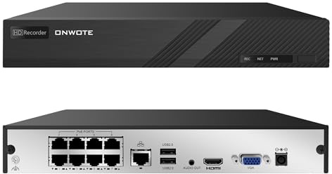 ONWOTE 8 canali H.265 4K 8MP HD PoE IP Security NVR Video Audio Recorder, Supporto 4K, 5MP, 4MP, Registrazione Multi-Mode, 8CH NVR senza disco rigido, funziona con tutte le telecamere ONWOTE PoE