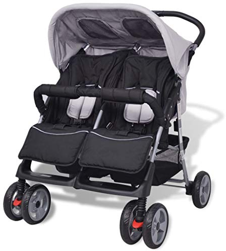 Susany Baby tvillingvagn med fällbart överdrag barnvagn, barnvagn, tvillingvagn, syskonbarnvagn, ryggstöd i 3 positioner, justerbar för 6–36 månader, stål, grå och svart