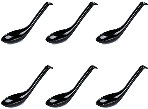 6 Pezzi Cucchiai Da Zuppa Asiatici Di Melamina Con Manico Lungo per Riso, Noodles e Zuppa (Nero)