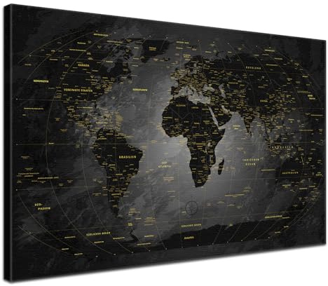 LANA KK - Premium Pinnwand Weltkarte - Noir - Deutsch - in 100 x 70 cm, stabile Rückwand zum Pinnen inkl. Starterkit - Leinwand-Kunstdruck Wandbild Landkarte XXL