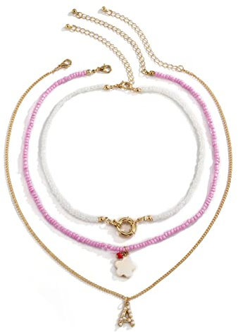 BCughia Layering Kette, Kette Damen 3 Reihig Gold Karabinerverschluss Weiß Runden Perle Muschel Stern Perlen Alphabet Design Couple Geschenke für Damen