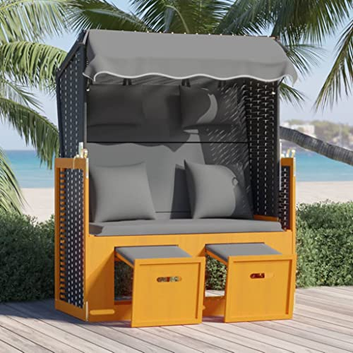 INLIFE Strandkorb mit Kissen Poly Rattan Massivholz Schwarz Anthrazit