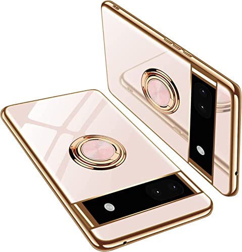 Yungsome Google Pixel 7a fodral med ringhållare stativ, stötsäkert reptåligt tunt kameraskydd fodral skyddsfodral för Google Pixel 7a mobiltelefonfodral stöder bilhållare (rosa)