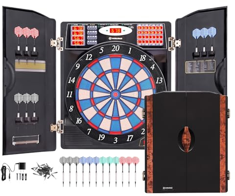 WIN.MAX Electronic Dart Board Cabinet Set, LED Electric Digital Dart Boards for Adults with Cabinet, Includes 12 Soft Tip Darts (Woodgrain)