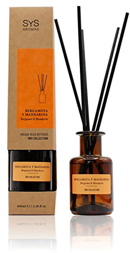 SYS Aromas Ambientador Mikado Bergamota y Mandarina 1991 - Difusor con Varillas de Ratán - Aroma Cítrico y Herbal - Larga Duración - Ideal para Hogar, Oficina, Baño - 100 ml con 5 Varillas