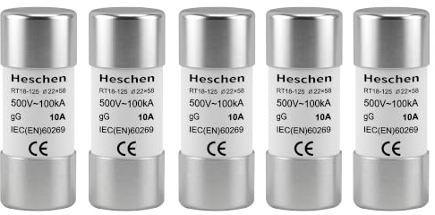 Heschen Eslabón fusible de tubo cerámico cilíndrico, RT18-125(RO17), 22 * 58mm, 10A 500VAC, Tipo gG, 5 Unidades