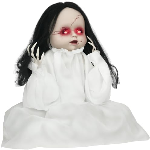 HOMCOM Halloween Dekoration 60cm Mörderpuppe mit Rote Augen, Soundfunktion, Springende Horrorpuppe, Halloween Puppe mit Geräusch-, Bewegungssensor