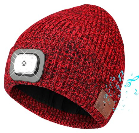 TAGVO Bluetooth Mütze mit LED Licht Beanie Beleuchtete Mütze, Wiederaufladbare USB Laufmütze, Winter Warme Outdoor Strickmütze Stirnlampe Mütze Jogger, Camping, Wandern, Tech Geschenke Herren Damen