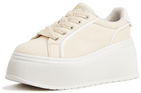 LUCKY STEP Scarpe da Donna con Piattaforma | Sneaker Classiche con Zeppa in Tela Casual Basse retrò (Beige, 8.5US-39EU-6UK)