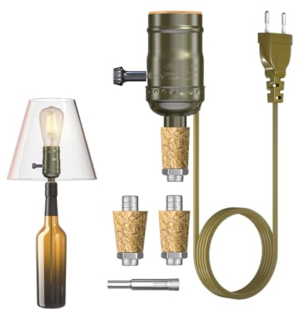 TobeBright Bronzo Adattatore Portalampada E27 per Bottiglia Lampada di Vino con Interruttore e Cavo, 220-240V MAX 60W, DIY Kit Lampada per Bottiglia di Vino con Tre tappi per bottiglie di vino,1Pcs
