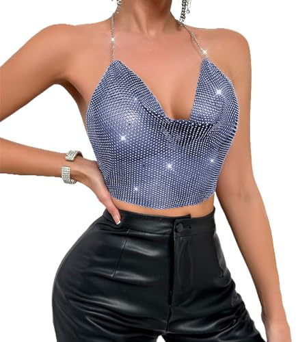 JIAHG Pailletten Top Oberteile mit Neckholder, Paillett Neckholder Weste, Tank Top Neckholder BH, Damen Halter Crop Top V-Ausschnitt, Bauchtanz Oberteil für Bauchtanz, Boho, Club, Oberteil