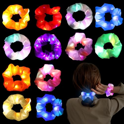 Joycabin 12 Stück Leuchtende Haargummis, LED Haarbänder mit 3 Licht Modi, Elastische Dunkeln Haargummi Scrunchie für Frauen, Mädchen Haarschmuck, Neujahr Party, Karneval, Kostümpartys