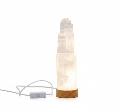 HEIMTEX Selenitkristalllampe – weiße USB-LED-Selenitlampe in 3 Größen - 15cm natürlich geformter Selenit stein kristall turm für metaphysische Reinigung, Heilung, Meditation und Heimdekoration