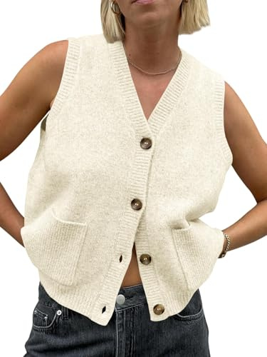 Saodimallsu Chaleco sin mangas para mujer, ajuste holgado, chalecos de punto con botón en V, cuello de punto, cárdigan informal de moda con bolsillos, beige, XL