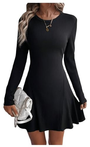 GORGLITTER Damen A-Linie Kleider Elegant Skaterkleid Rippenstrick Freizeitkleid Kurz Cocktailkleid Langarmkleid Schwarz S