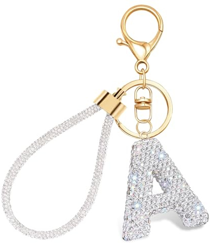 Schlüsselanhänger mit Buchstabenbuchstaben als Geschenk Bling Strasssteine Alphabet A-Z Schlüsselanhänger mit Schlüsselband für Autoschlüssel und Rucksack Silber Glänzend Süßer Schlüsselanhänger