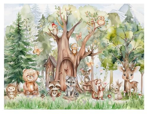 madras24 Papier peint photo animaux de la forêt pour chambre d'enfant, papier peint pour enfants, arbres, décoration murale, papier peint sur mesure aquarelle