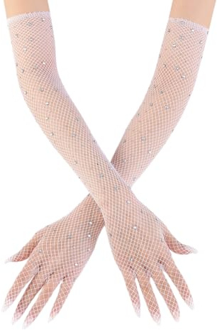 FSSTUD Guantes largos de malla elástica de 45 cm, guantes largos de malla elástica con purpurina, guantes de red de pesca de los años 80, guantes de longitud al codo, blanco, 45 x 7cm (L x W)
