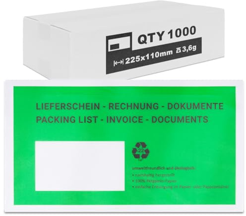 verpacking Lieferscheintaschen Pergamin Papier 225 x 110 mm DIN Lang Grün [ Farbe und Stückzahl wählbar] selbstklebend Dokumententasche Begleitpapiertasche für Rechnungen und Dokumente 1000 Stück
