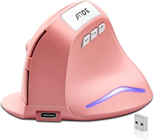 Ergonomic Mouse, 2.4GHz Wireless Vertical Mouse Computer Mouse with 3 Adjustable DPI 1000/1600/ 2400, Optical Sensor, 6 Buttons, Rechargeable Wireless Mouse for Laptop Desktop Mac (Pink)